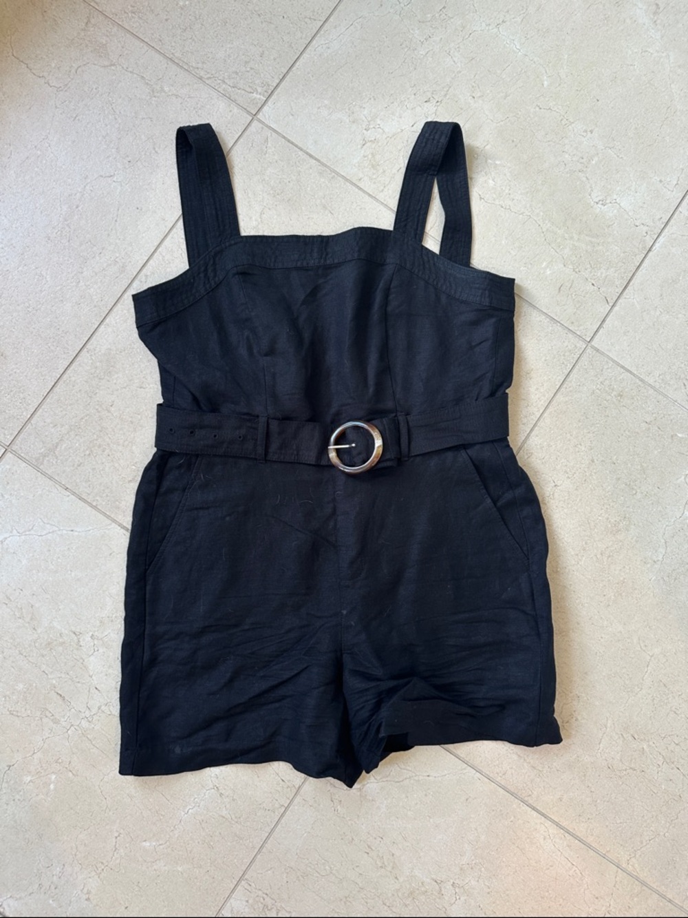 LOFT Black Linen-Blend Belted Romper